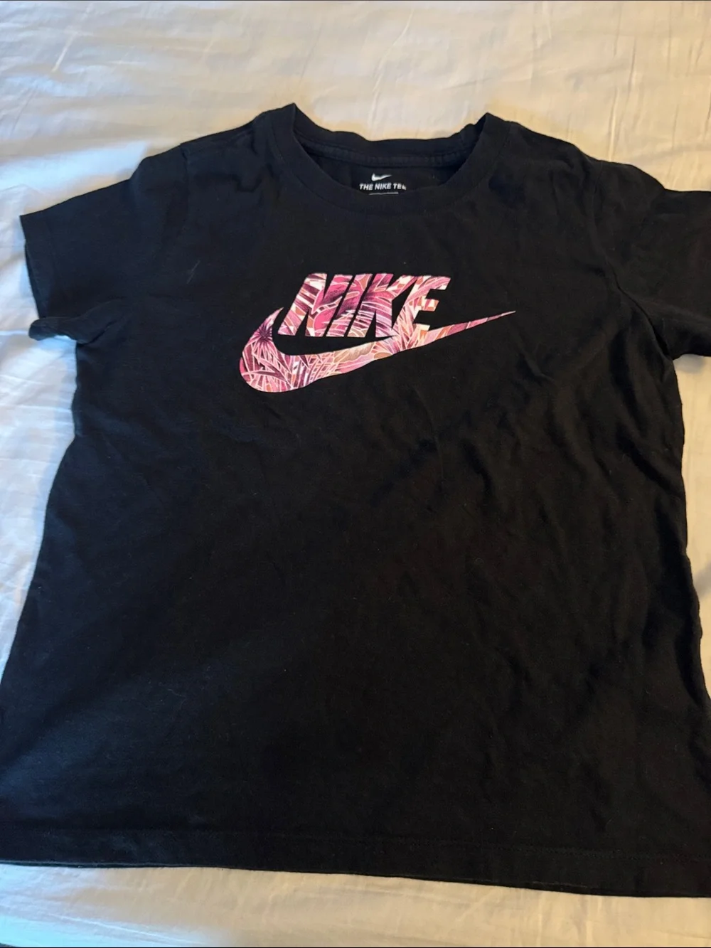 Nike Black Kids Tee with Pink Patterned Swoosh